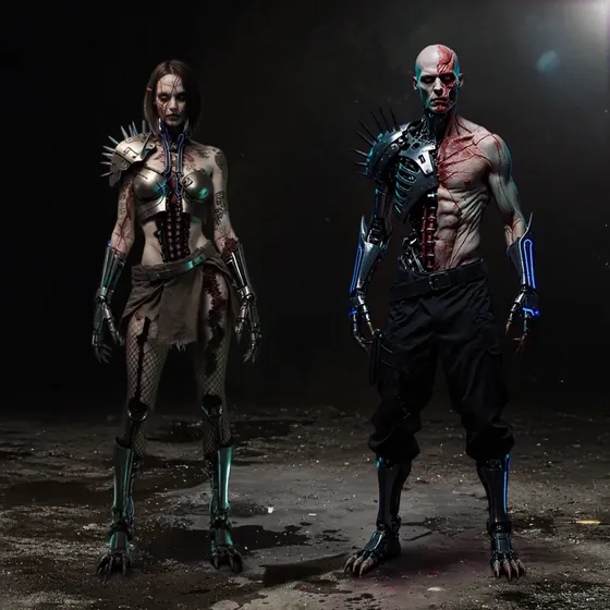 RustStalker — a cyber-enhanced zombie with a chrome exoskeleton down one side of its body, standing in a fog-lit corridor