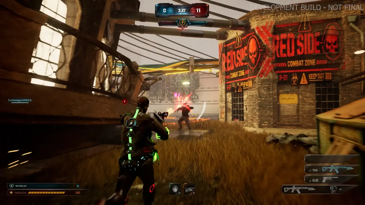 A firefight in a ruined street beneath a Red Side combat zone sign