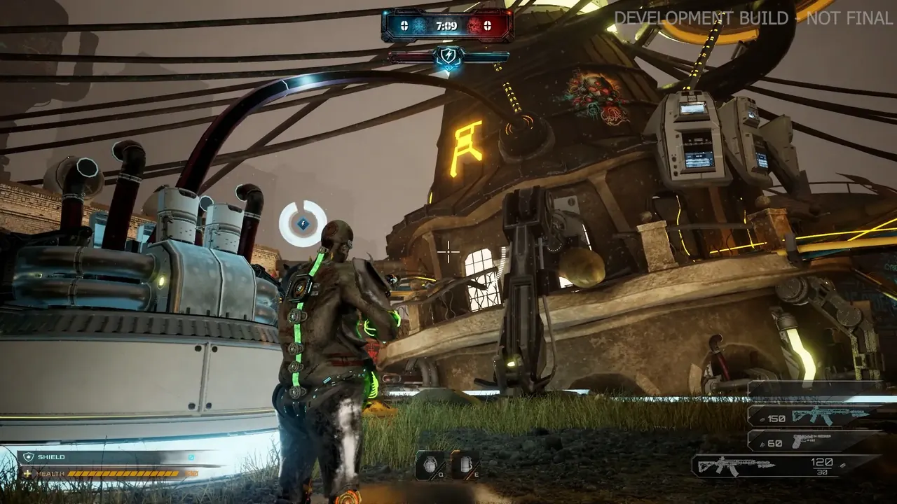 An operator at a cable-strewn extraction rig with the capture ring lit above it