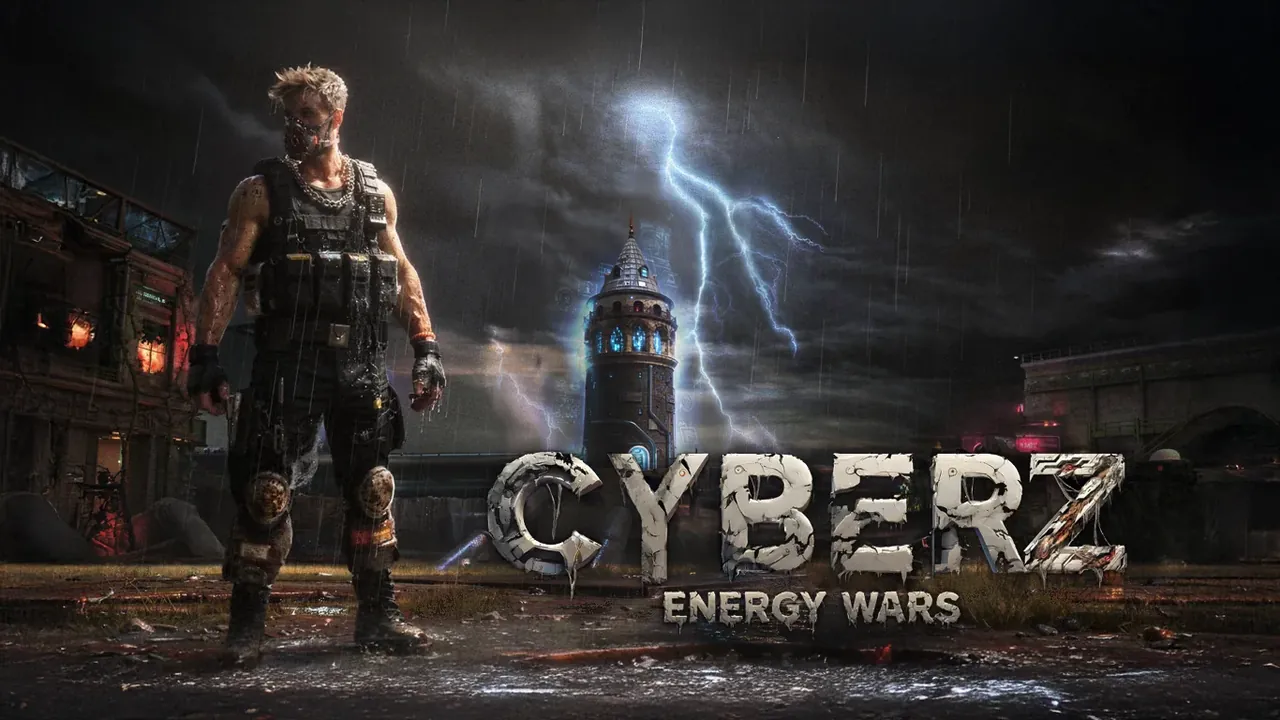 CyberZ: Energy Wars cinematic trailer — a lone operator in the rain before a storm-lit tower