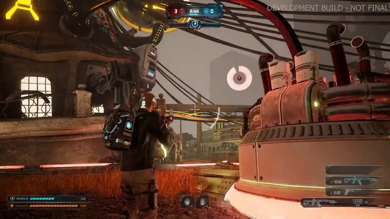 CyberZ: Energy Wars gameplay — an operator with an energy backpack advancing on a reactor node